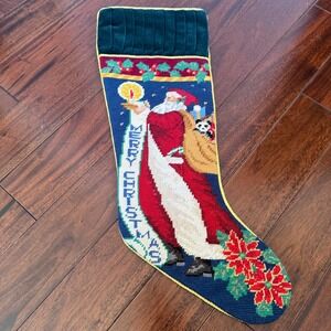 Vintage Needlepoint Christmas Stocking Santa Velvet Cuff Holiday Decor 18